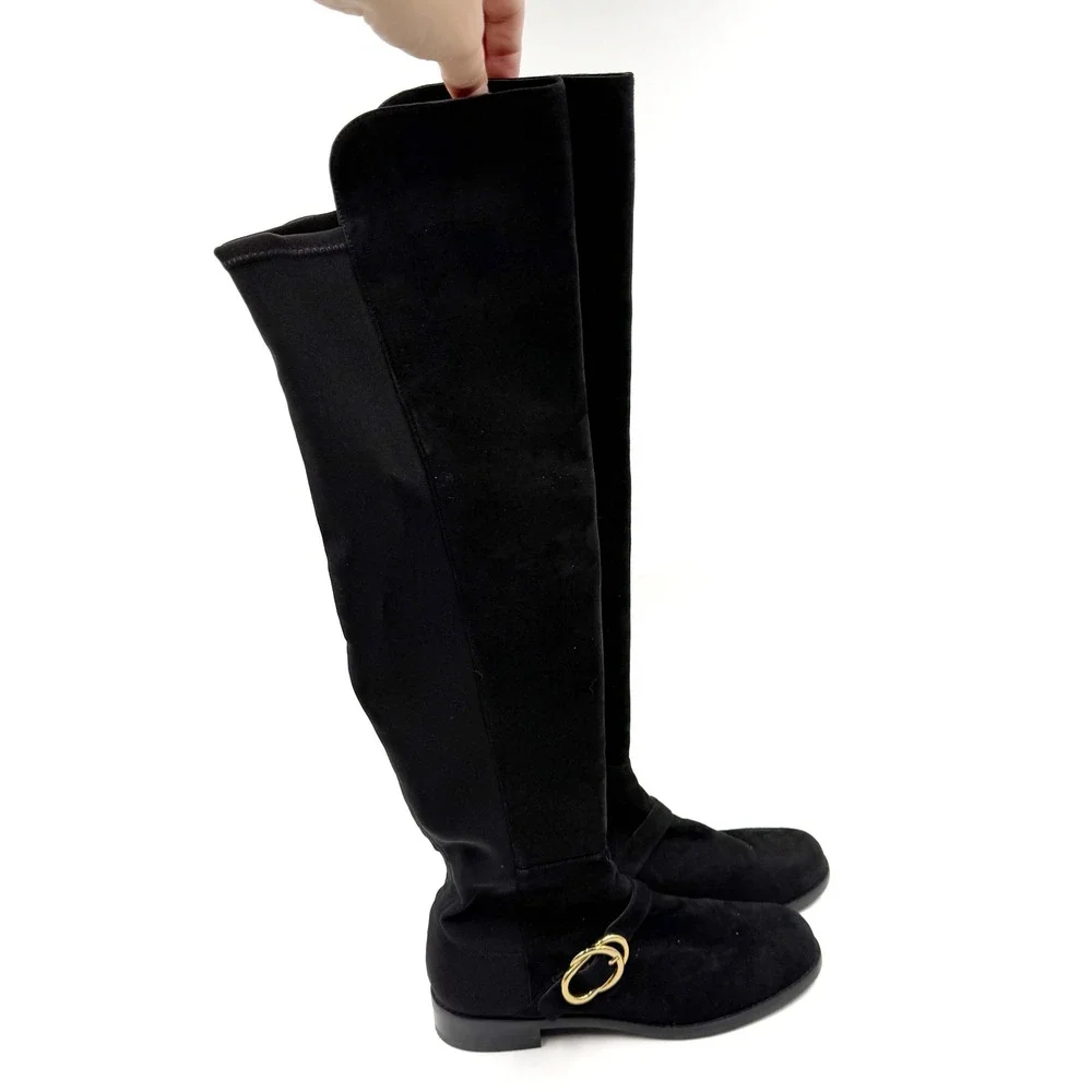 Stuart Weitzman Siella 50/50 Boots Over the Knee Black Suede Pull On Flat Sz 7